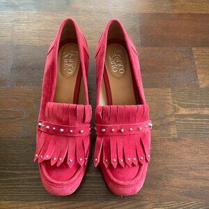 Like NEW Franco Sarto Red Fringe Suede Leather Block Heels Loafers